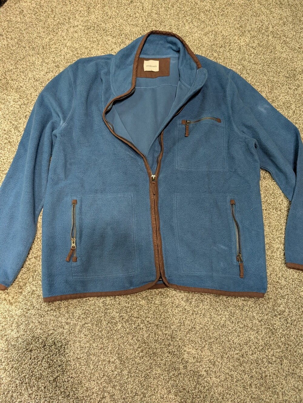 Woolovers Mens Blue Fleece Full Zip Jacket with Faux Suede Trim